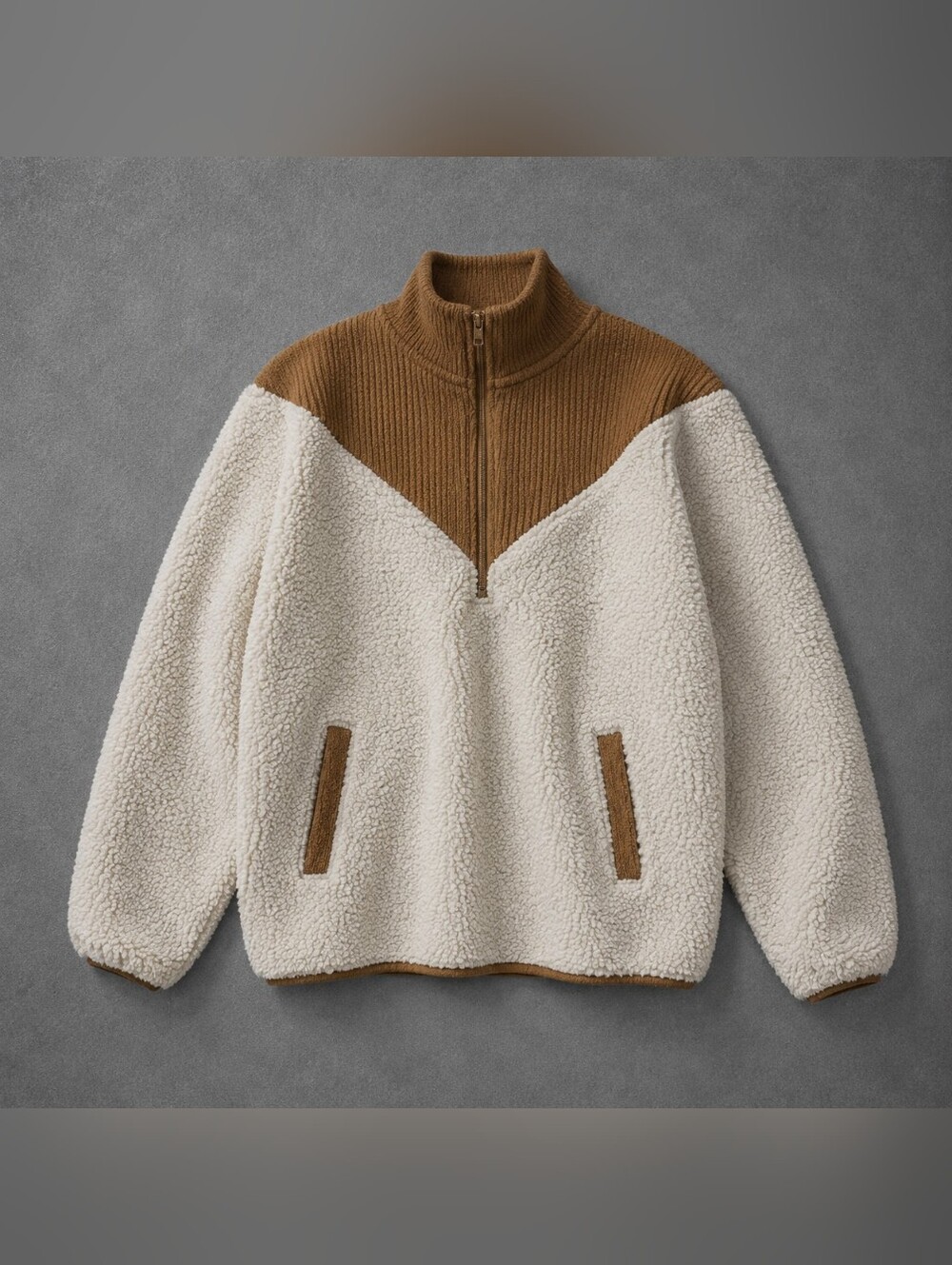 Time & Tru Sherpa Pullover Jacket Cream Brown Quarter Zip Fleece Cozy Plus Size
